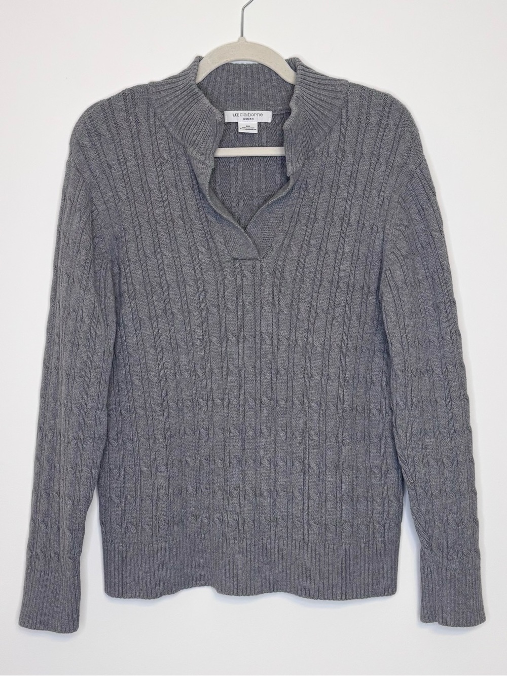 100% Cotton Cable Knit Collared Gray Sweater Quiet Luxury Preppy 2X